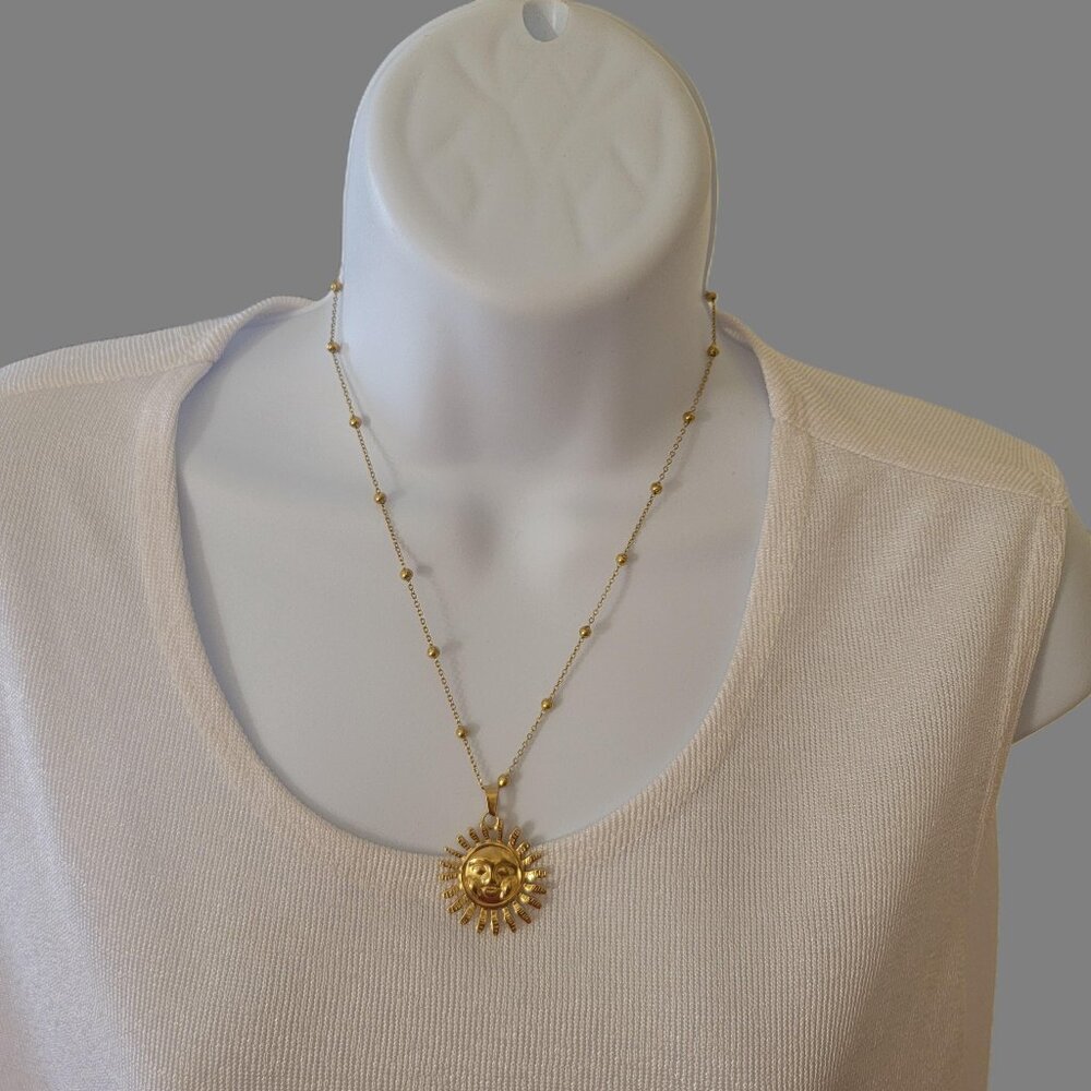 Sun Face Pendant Necklace Beaded Chain Stainless Steel 20 Inch 2 Inch Adj NEW - Picture 2 of 12